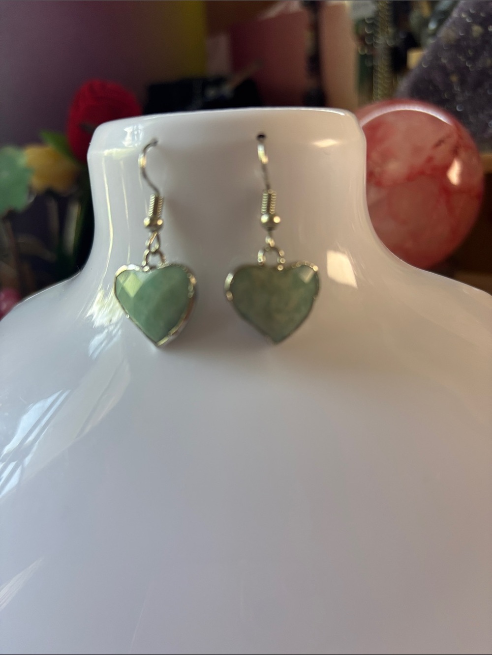Amazonite Heart Drop Earrings with Green Stone
